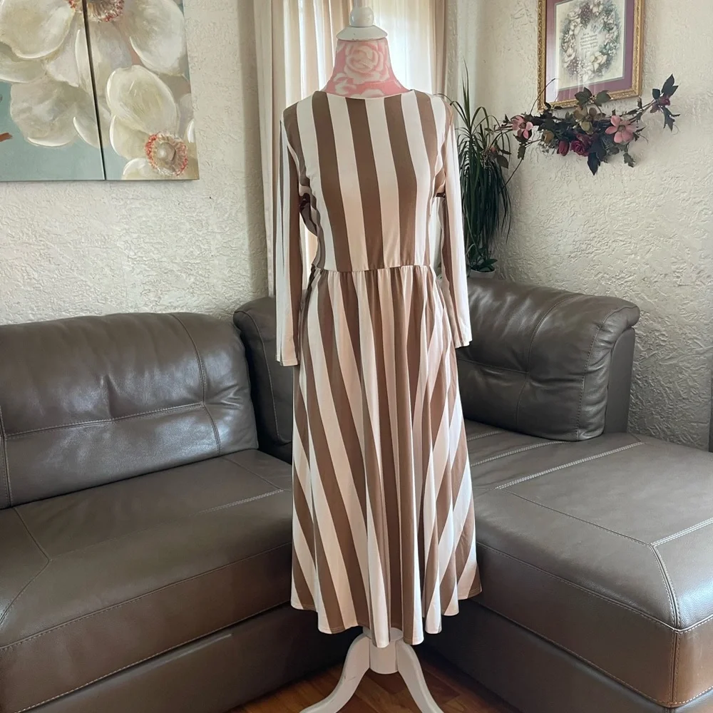 Taupe Cream Stripe Dress - Picture 1 of 5